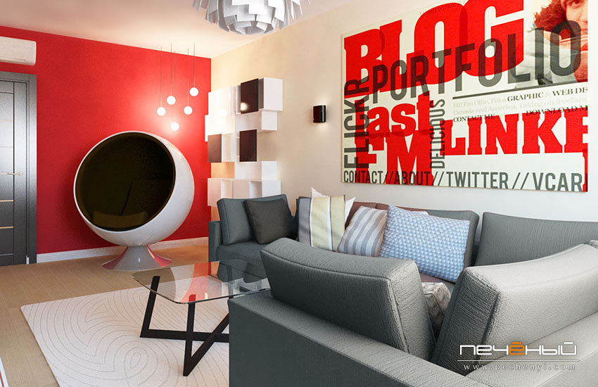 дизайн гостиной, интерьер гостиной, современная гостиная, красный цвет в интерьере, студия дизайна интерьера Антона Печёного