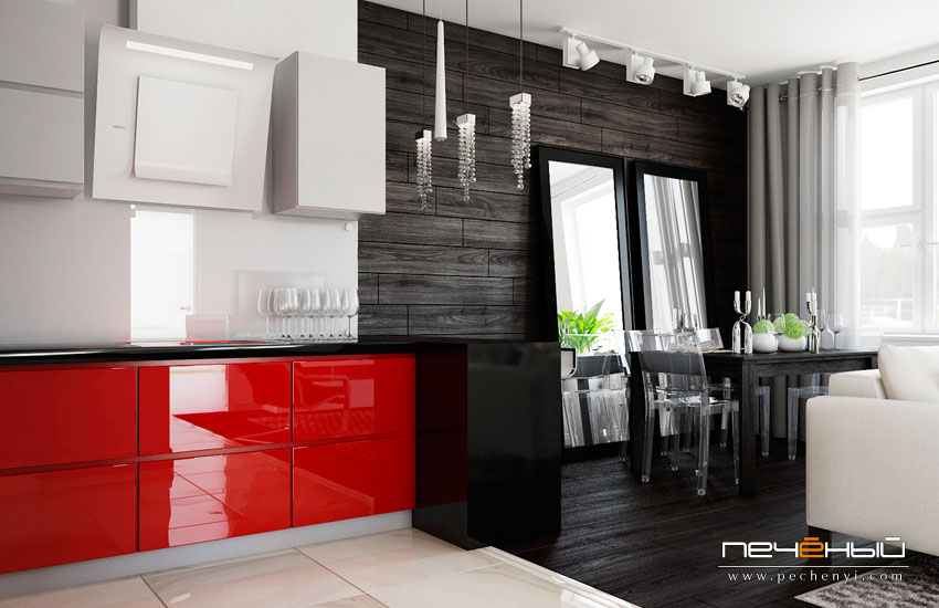 Финальное 3D дизайна интерьера гостиной-кухни