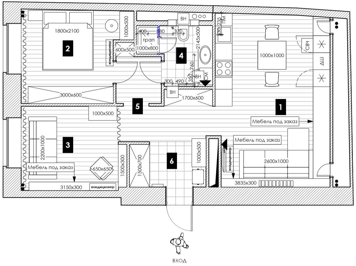 План перепланировки 2-комнатной квартиры
