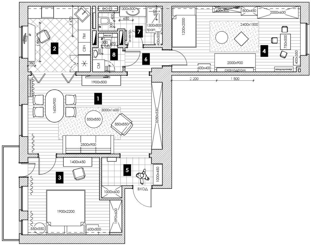 План перепланировки трёхкомнатной квартиры