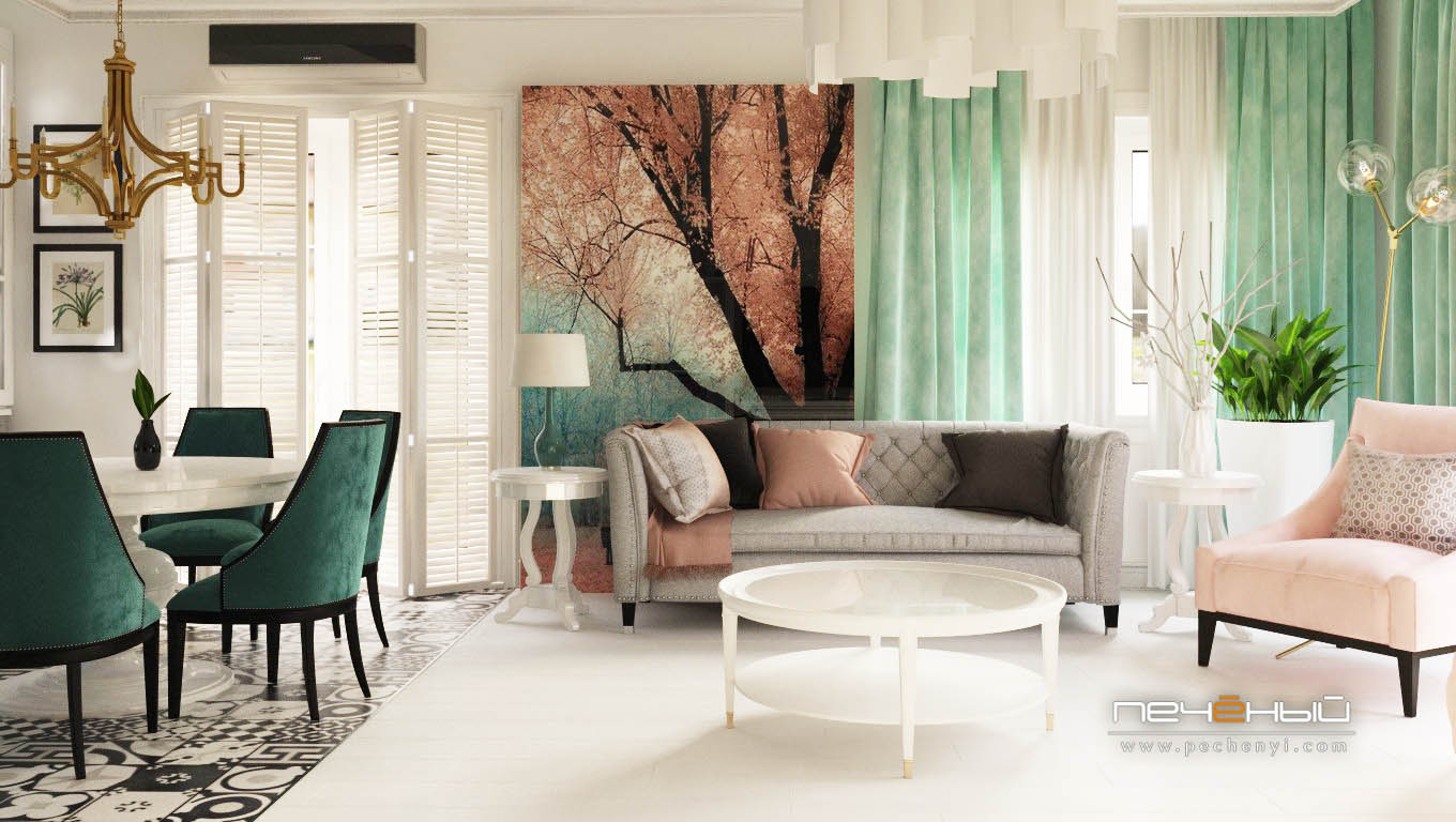 Дизайн интерьера гостиной в частном доме в неостиле (современная классика). Цвета белый, розовый, салатовый. Студия дизайна «Печёный».