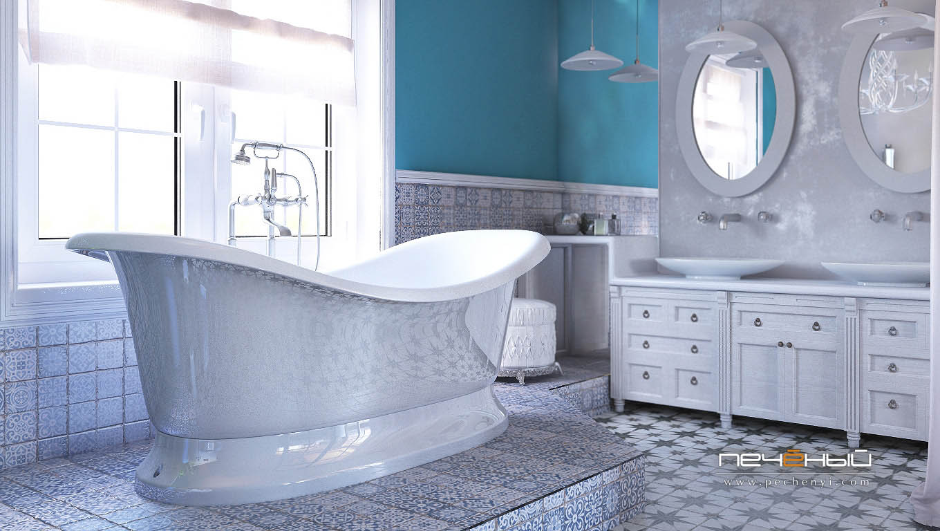 Дизайн интерьера ванной в частном доме в неостиле (современная классика). Цвета белый, бирюзовый, синий. Студия дизайна «Печёный».
