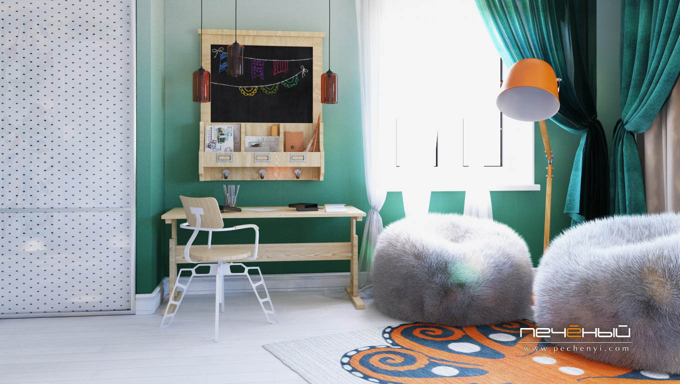 Дизайн интерьера детской в частном доме в неостиле (современная классика). Цвета белый, зелёный, серый. Студия дизайна «Печёный».