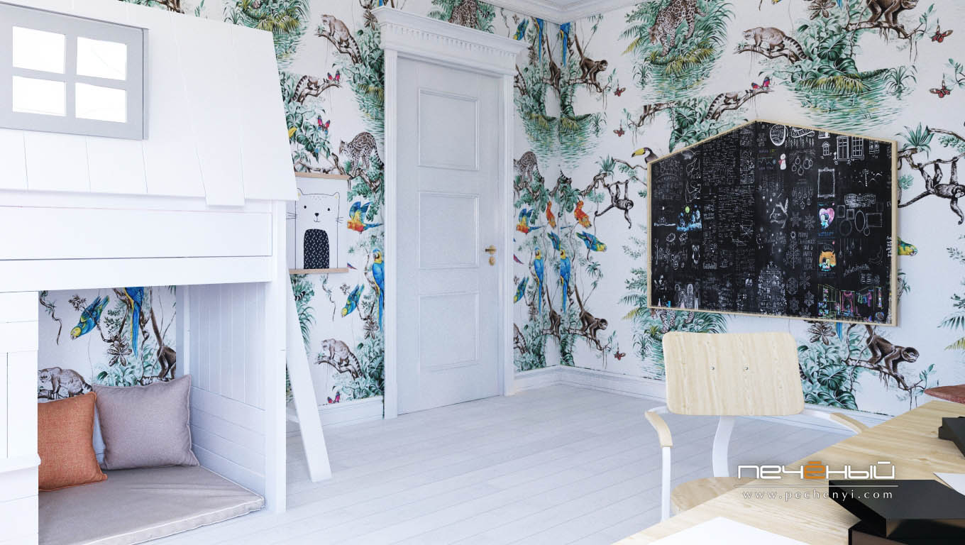 Дизайн интерьера детской в частном доме в неостиле (современная классика). Цвета белый, зелёный. Студия дизайна «Печёный».