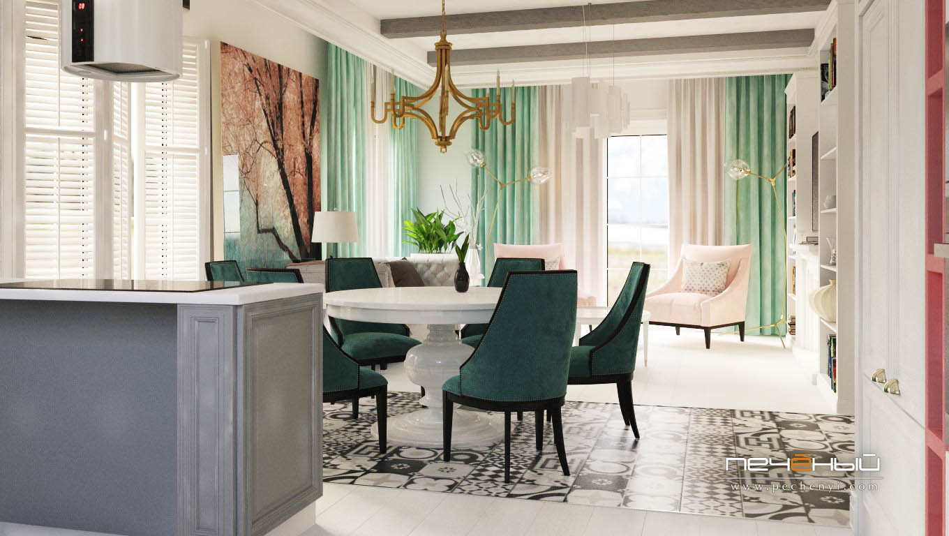 Дизайн интерьера кухни-гостиной в частном доме в неостиле (современная классика). Цвета белый, розовый, салатовый, зеленый. Студия дизайна «Печёный».