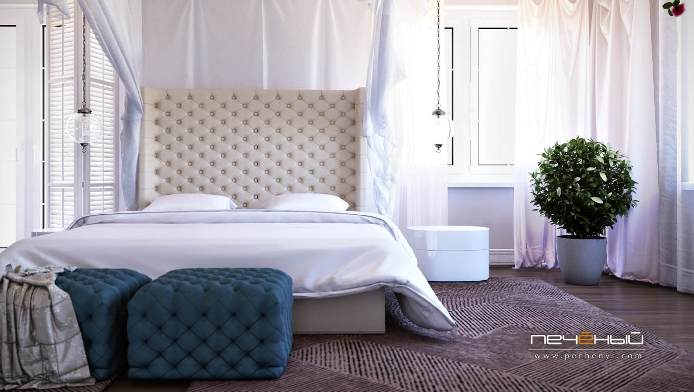 Дизайн интерьера спальни в частном доме в неостиле (современная классика). Цвета белый, светлый, бежевый. Студия дизайна «Печёный».