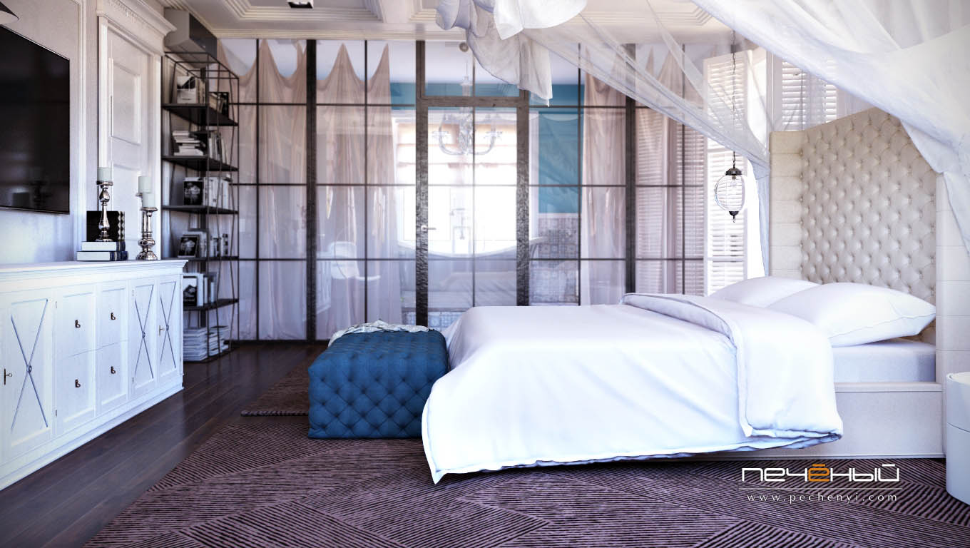 Дизайн интерьера спальни в частном доме в неостиле (современная классика). Цвета белый, светлый, дерево. Студия дизайна «Печёный».