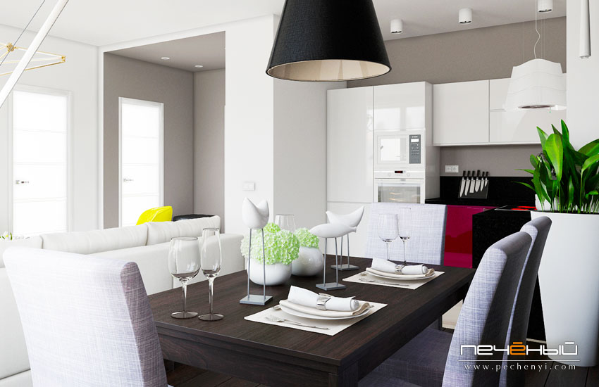 3D эскиз дизайна интерьера гостиной-кухни