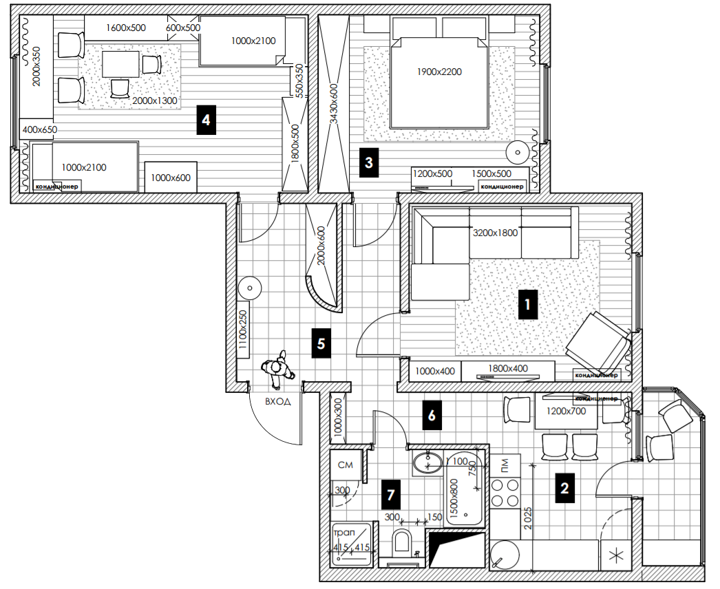 План мебели в типовой трёхкомнатной квартире